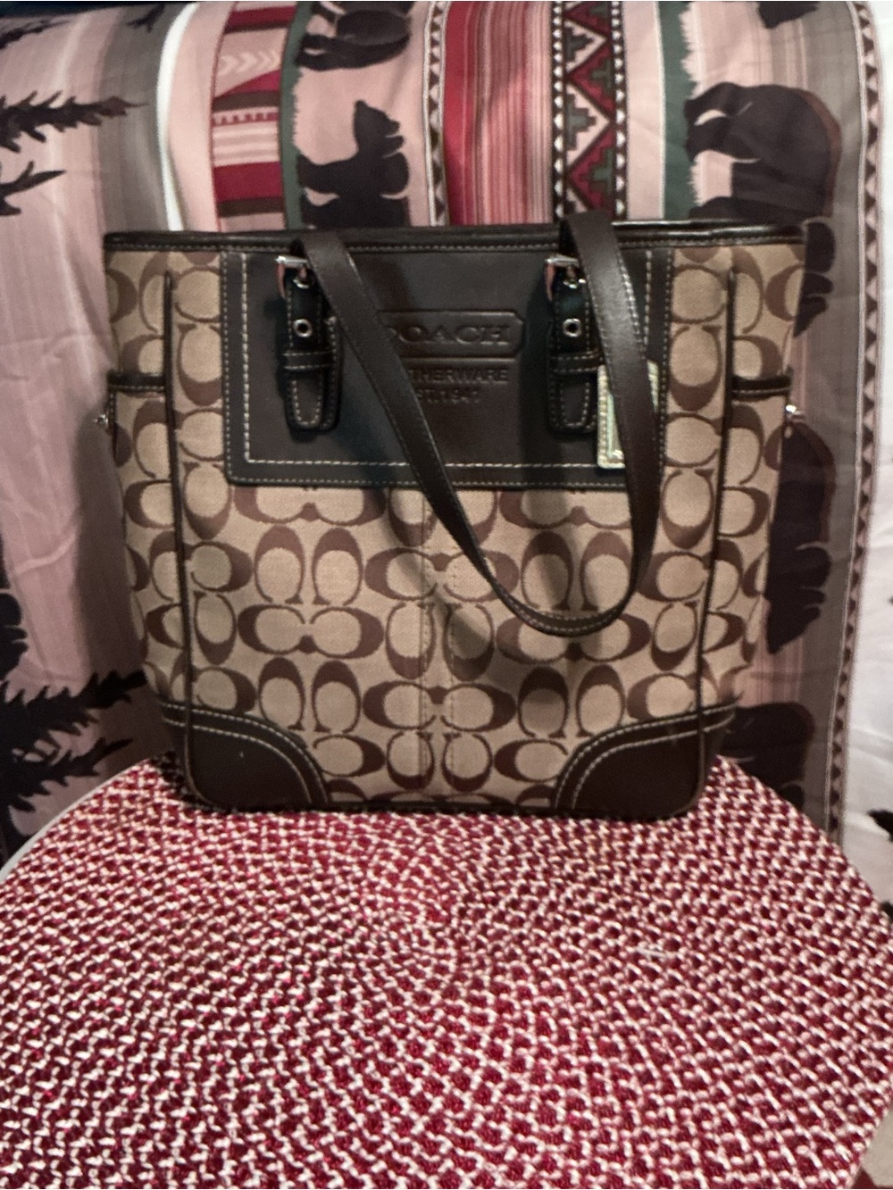 Coach Tan and Dark Brown Signature Canvas Tote